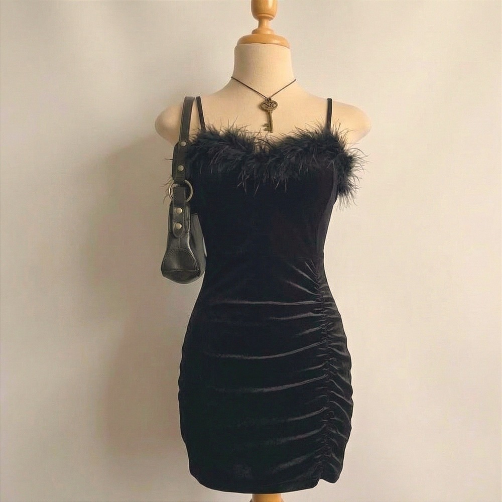 Black Velvet Feather Trim Ruched Mini Bodycon Dress XS Stretchy Party
